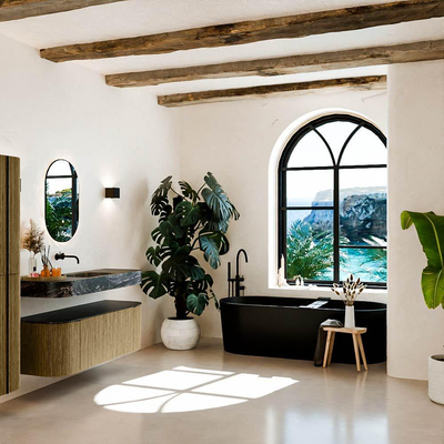 MONDIAZ THOR-DLUX 130cm meuble de salle de bains arrondi gauche + droite couleur Dusk avec 1 tiroir et 2 portes. Vasque suspendue CLOUD Milieu sans trou de robinet couleur Lava.