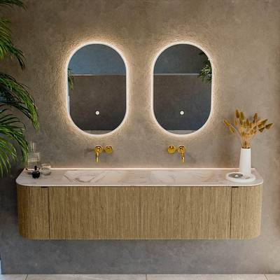 MONDIAZ KURVE-DLUX Meuble de salle de bains 180cm arrondi Gauche + Droite couleur Dusk avec 2 tiroirs et 2 portes. Lavabo LEAF Double sans trou de robinet Nata.