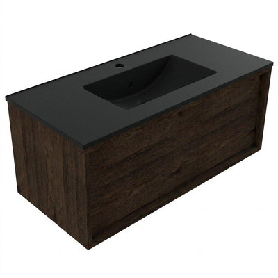 Saniclass Holz Frame Ensemble meuble de salle de bains - 100x45x42cm - Vasque Vygo en céramique noire - 1 vasque - 1 trou de robinet - 1 tiroir - chêne charcoal mat (bois)