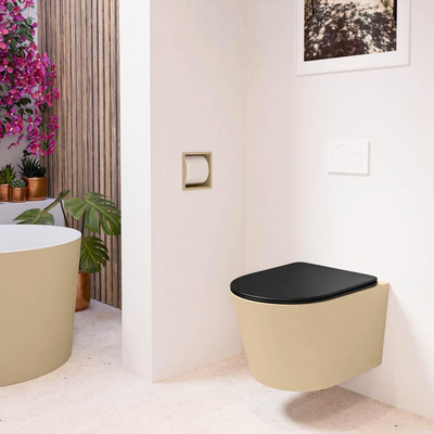 Mondiaz LAVIE hangtoilet – spoelrandloos – 36 x 53 cm – met softclose zitting – Sand (beige), zitting Urban (zwart)