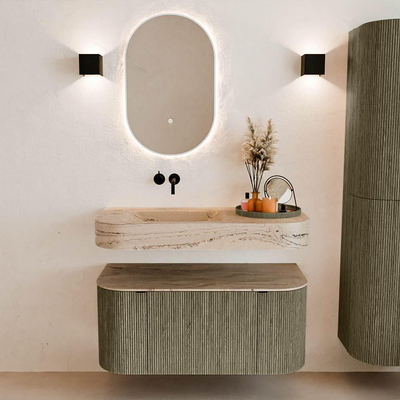 MONDIAZ THOR-DLUX 100cm meuble de salle de bains arrondi gauche + droite couleur Shadow avec 1 tiroir et 2 portes. Vasque suspendue CLOUD gauche sans trou de robinet couleur Arena.