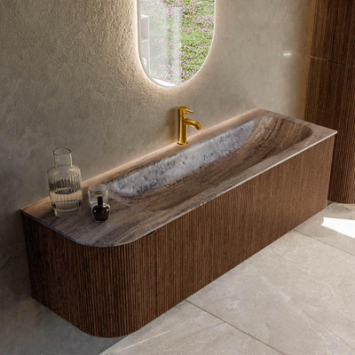 MONDIAZ KURVE-DLUX 145cm badmeubel ronding Links kleur Walnut met 1 lade en 1 deur. Wastafel BIG LARGE Rechts 1 kraangat Oza.