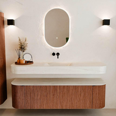 MONDIAZ THOR-DLUX 160cm meuble de salle de bains arrondi gauche + droite couleur Ruby avec 1 tiroir et 2 portes. Vasque suspendue CLOUD Milieu sans trou de robinet couleur Meli.