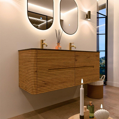 Mondiaz CIRO-DLUX Meuble de salle de bains - 130x45x50cm - Lavabo solid surface Lava - 2 vasques Double - 2 trous de robinet - 4 tiroirs - Chêne