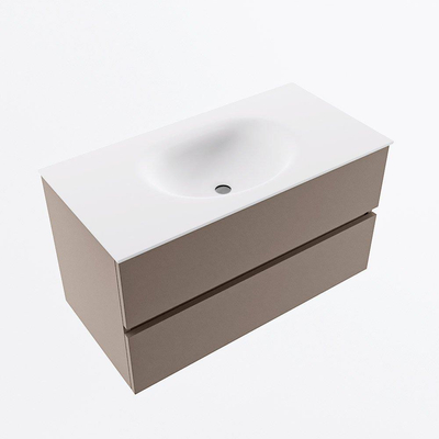 Mondiaz VICA Ensemble de meuble de salle de bain - 90cm - meuble sous-vasque fumée - 2 tiroirs - lavabo lune milieu - sans trous de robinet - version haute 60cm - talc