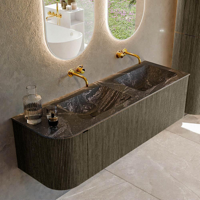 Mondiaz KURVE-DLUX Ensemble de meuble de salle de bains - 145x46x40cm - 1 tiroir - 1 porte - lavabo solid surface - double / droite - sans trou de robinet - Shadow