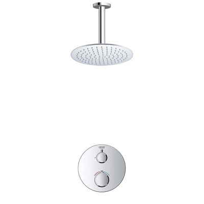 Grohe - Adema Rise Ensemble de douche pluie encastré - 1 fonction - avec pomme de tête Adema Rise 20cm - bras de plafond 20cm - thermostat encastré Grohe Grohtherm - chrome