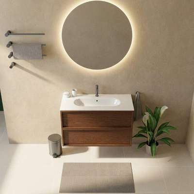 Saniclass Holz Frame Ensemble de meubles de salle de bains - 100x45x73.9cm - Vasque Chaci en céramique blanche - 1 vasque - 1 trou de robinet - 2 tiroirs - walnut pure mat (bois)