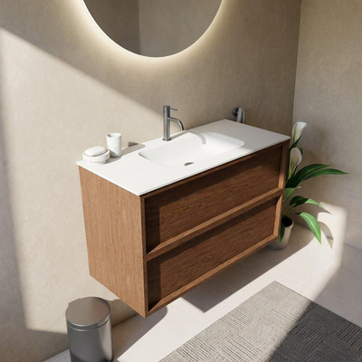 Saniclass Holz Frame Ensemble meuble de salle de bains - 100x45x61.5cm - Lavabo Flow en solid surface blanc - 1 vasque - 1 trou de robinetterie - 2 tiroirs - walnut pure mat (bois)