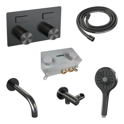BRAUER Stripe Thermostatische Badkraan - drukknoppen - SET 04 - inbouw - uitloop - 3-standen handdouche - doucheslang - wandaansluitbocht - gunmetal geborsteld PVD