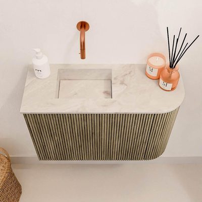 Mondiaz JOYA-DLUX 61.6cm toiletmeubel - ronding rechts kleur Dusk - Wastafel FAYE positie Links Zonder kraangat kleur Frappe.