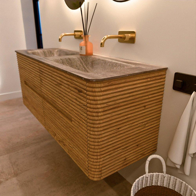Mondiaz CIRO-DLUX Badkamermeubelset - 130x45x50cm - Solid surface wastafel Oza - 2 wasbak Dubbel - zonder kraangaten - 4 lades - Oak