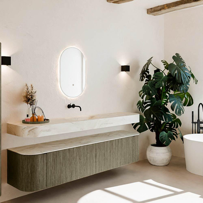 MONDIAZ THOR-DLUX 200cm meuble de salle de bains arrondi gauche + droite couleur Shadow avec 2 tiroirs et 2 portes. Vasque suspendue CLOUD Milieu sans trou de robinet couleur Ostra.