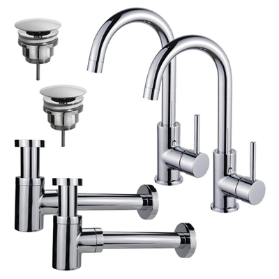 FugaFlow Eccelente Sobrado Kit robinet lavabo - pour double vasque - robinet haut - bec rotatif - bonde non-obturable - siphon design bas - Chrome brillant