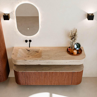 MONDIAZ THOR-DLUX 150cm meuble de salle de bains arrondi gauche + droite couleur Ruby avec 1 tiroir et 2 portes. Vasque suspendue CLOUD Gauche sans trou de robinet couleur Arena.