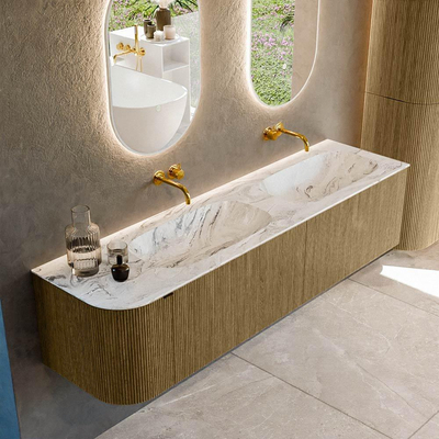Mondiaz KURVE-DLUX Badkamermeubelset - 175x46x40cm - 2 lade - 1 deur - wastafel solid surface - dubbel / rechts - zonder kraangat - Dusk