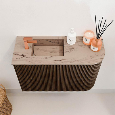 Mondiaz JOYA-DLUX Meuble de salle de bains 61,6cm - arrondi droit couleur Noyer - Lavabo FAYE position Gauche 1 trou de robinet couleur Arena
