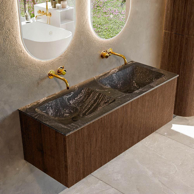 MONDIAZ KURVE-DLUX 120cm badmeubel kleur Walnut met 1 lade. Wastafel LEAF dubbel zonder kraangat kleur Lava.