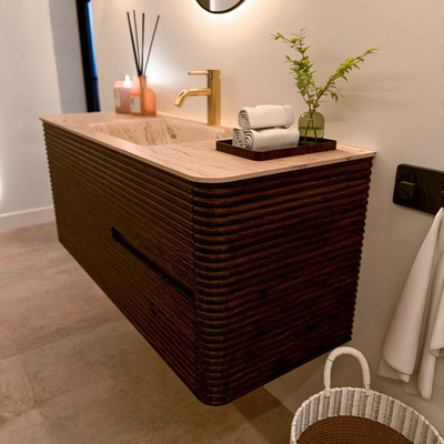 Mondiaz CIRO-DLUX Badkamermeubelset - 120x45x50cm - Solid surface wastafel Arena - 1 wasbak Midden - 1 kraangat - 2 lades - Walnut