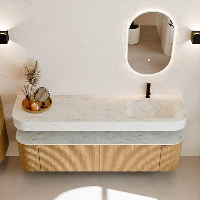 MONDIAZ THOR-DLUX Meuble de salle de bains 180cm arrondi gauche + droite couleur Oak avec 2 tiroirs et 2 portes. Vasque suspendue CLOUD Droite 1 trou de robinet couleur Opalo.