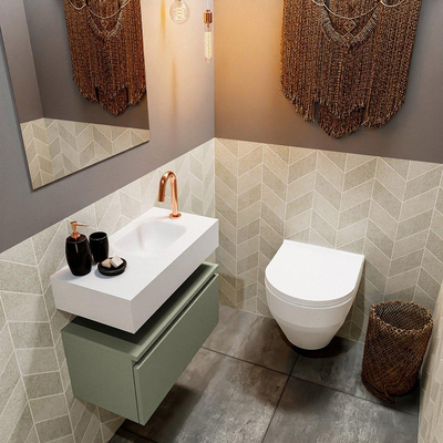 MONDIAZ ANDOR Toiletmeubel - 60x30x30cm - 1 kraangat - 1 lades - army mat - wasbak rechts - Solid surface - Wit
