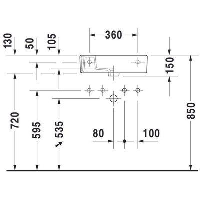 Duravit Vero fontein 50x25 cm. 1x kr.gat links met overloop wit