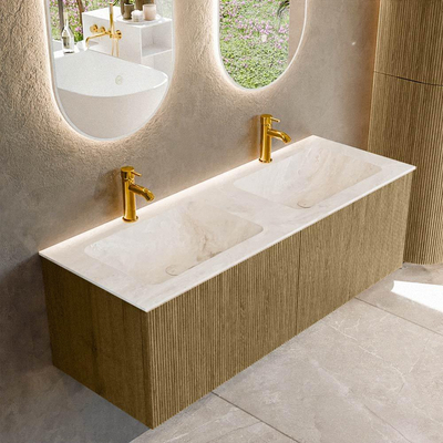 Mondiaz KURVE-DLUX Badkamermeubelset - 130x46x40cm - 2 lade - wastafel solid surface - dubbel - 2 kraangaten - Dusk