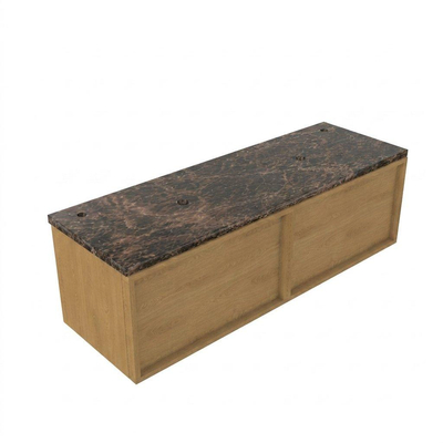 Saniclass Holz Frame Ensemble de meubles de salle de bains - 140x45x43cm - Plan en pierre naturelle Noche dark emperador - 2 trous de robinet - 2 tiroirs - chêne natural mat (bois)