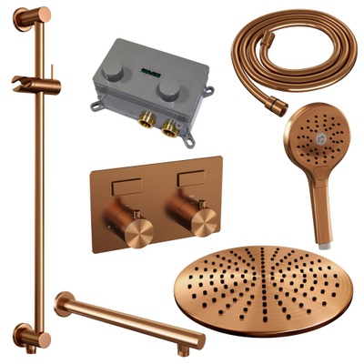 BRAUER Copper Edition Thermostatische Regendouche inbouw - drukknoppen - SET 68 - 30cm hoofddouche - rechte muurarm - 3 standen handdouche - doucheslang - geïntegreerde glijstang - koper geborsteld PVD