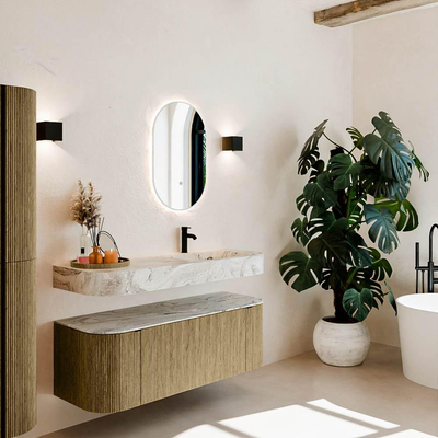 MONDIAZ THOR-DLUX 130cm meuble de salle de bains arrondi gauche + droite couleur Dusk avec 1 tiroir et 2 portes. Vasque suspendue CLOUD Droite 1 trou de robinet couleur Glace.