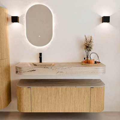 MONDIAZ THOR-DLUX 140cm meuble de salle de bains arrondi gauche + droite couleur Oak avec 1 tiroir et 2 portes. Vasque suspendue CLOUD Gauche 1 trou de robinet couleur Arena.