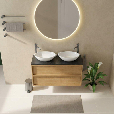 Saniclass Holz Frame Ensemble de meubles de salle de bains - 120x45x63cm - Plan vasque en basalte Noche poli (noir) - 2 trous de robinet - 2 tiroirs - chêne natural mat (bois)