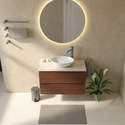Saniclass Holz Pure Ensemble meuble de salle de bains - 100x45x63cm - Plan de travail en pierre naturelle travertin - 1 trou de robinetterie - 2 tiroirs - walnut pure mat (bois)