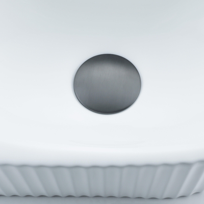 QeramiQ Fuente Ensemble de Lavabo - 40x21.5x12cm - strié - demi-rond - céramique - ensemble de robinet gunmetal - bouchon de vidange - siphon abaissé - blanc mat