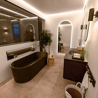 Mondiaz CIRO-DLUX Meuble de salle de bains - 120x45x50cm - Vasque solid surface Lava - 1 vasque au centre - 1 trou de robinet - 2 tiroirs - Noyer