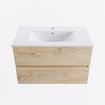 MONDIAZ VICA meuble sous lavabo 80cm Chêne Blanchi 2 tiroirs. Lavabo DENIA centre 1 trou de robinet, couleur Blanc Brillant.