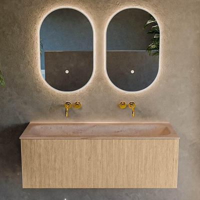 MONDIAZ KURVE-DLUX 120cm badmeubel kleur Oak met 1 lade en 0 deuren. Wastafel BIG LARGE Midden zonder kraangat Saba.