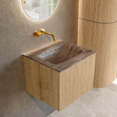 MONDIAZ KURVE-DLUX 50cm badmeubel kleur Oak met 1 lade en 0 deuren. Wastafel GRUNNE Midden zonder kraangat Oza.