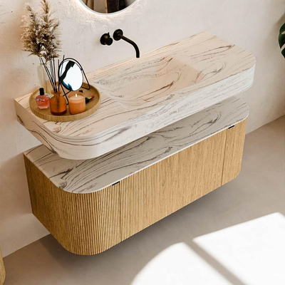 MONDIAZ THOR-DLUX 120cm badmeubel ronding links + rechts kleur Oak met 1 lade en 2 deuren. Vrijhangende wastafel CLOUD Midden zonder kraangat kleur Nata.