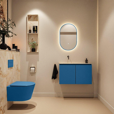 MONDIAZ TURE-DLUX Meuble toilette - 80cm - Jeans - EDEN - vasque Frappe - position gauche - sans trou de robinet