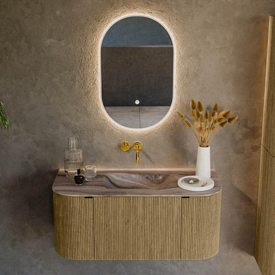 MONDIAZ KURVE-DLUX Meuble de salle de bains 100cm arrondi Gauche + Droite couleur Dusk avec 1 tiroir et 2 portes. Lavabo GRUNNE Central sans trou de robinet Sombra.
