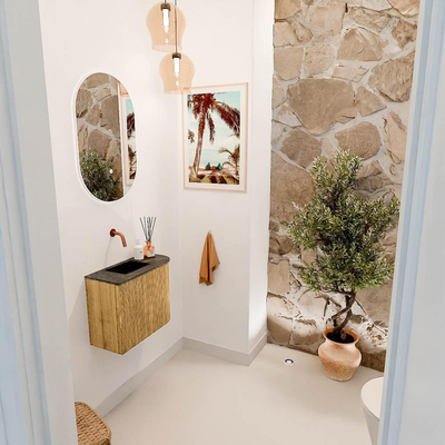 Mondiaz JOYA-DLUX 51.6cm toiletmeubel - ronding rechts kleur Oak - Wastafel FAYE positie Links Zonder kraangat kleur Lava.