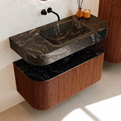 MONDIAZ THOR-DLUX 100cm meuble de salle de bains arrondi gauche + droite couleur Ruby avec 1 tiroir et 2 portes. Vasque suspendue CLOUD Milieu sans trou de robinet couleur Lava.