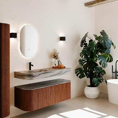 MONDIAZ THOR-DLUX 130cm meuble de salle de bains arrondi gauche + droite couleur Ruby avec 1 tiroir et 2 portes. Vasque suspendue CLOUD gauche 1 trou de robinet couleur Sombra.