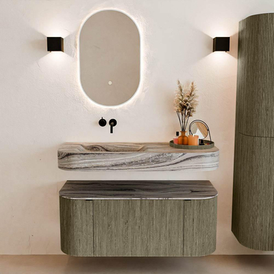 MONDIAZ THOR-DLUX Meuble de salle de bains 110cm arrondi gauche + droite couleur Shadow avec 1 tiroir et 2 portes. Vasque suspendue CLOUD Gauche sans trou de robinet couleur Sombra.