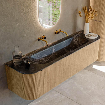MONDIAZ KURVE-DLUX meuble de salle de bains 170 cm avec module 25 Len R couleur Chêne avec 1 tiroir et 2 portes. Lavabo BIG LARGE central sans trou de robinet couleur Lave.