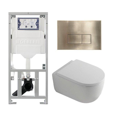 QeramiQ Dely Swirl Ensemble WC- 36.3x51.7cm - Réservoir encastré Geberit UP320 - Abattant 35mm - Plaque de commande en laiton brossé - Boutons rectangulaires - blanc brillant