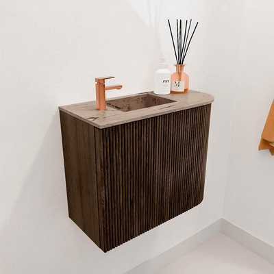 Mondiaz JOYA-DLUX 51.6cm toiletmeubel - ronding rechts kleur Walnut - Wastafel FAYE positie Links 1 kraangat kleur Arena.