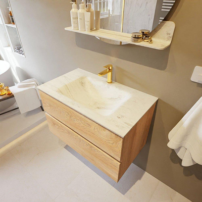 MONDIAZ VICA-DLUX Ensemble meuble de salle de bains - 80cm - meuble bas Washed oak - 2 tiroirs - vasque encastrée cloud au milieu - 1 trou de robinet - version haute de 60cm - Opalo