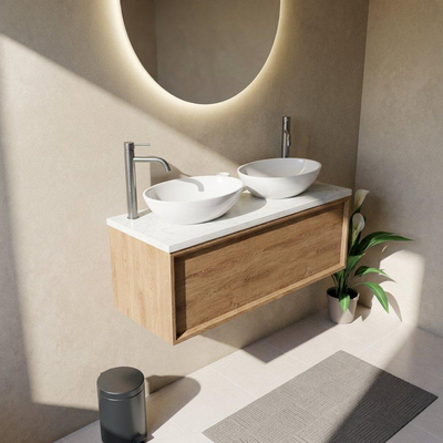 Saniclass Holz Frame Ensemble meuble de salle de bains - 120x45x43cm - Plan vasque en marbre Dia poli (blanc) - 2 trous de robinet - 1 tiroir - chêne natural mat (bois)